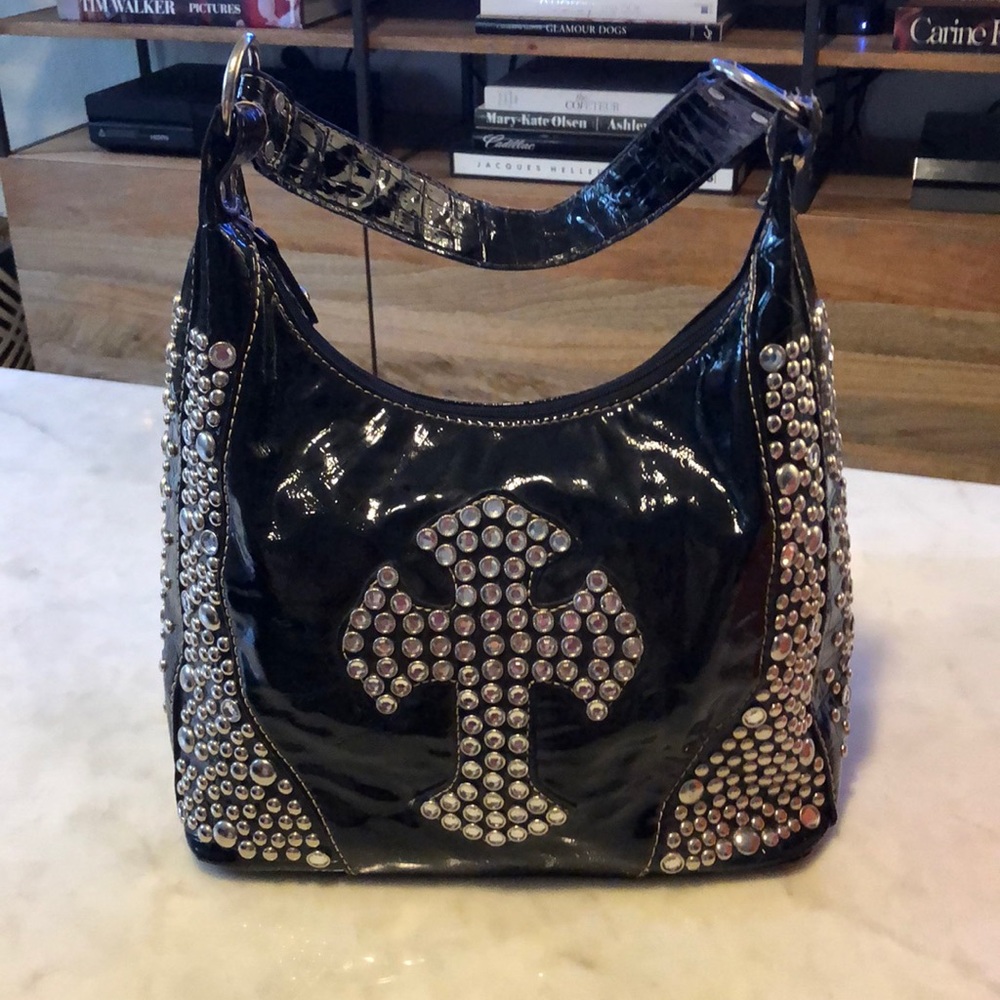 Black EUC pleather silver studded bag